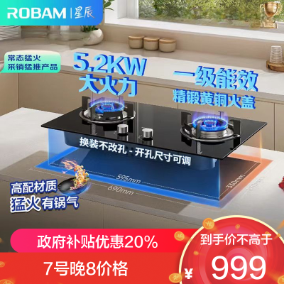 老板(Robam)[星辰系列]燃气灶家用双灶嵌入式煤气灶5.2kW可调节小尺寸灶具灶台猛火灶一级能效20B2A天然气