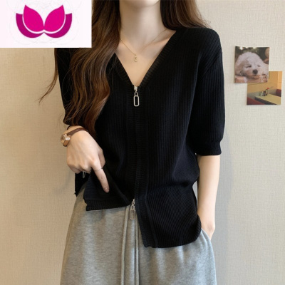七斓大码韩版遮肚子冰丝短袖针织T恤女夏季胖妹妹显瘦拉链正肩打底衫