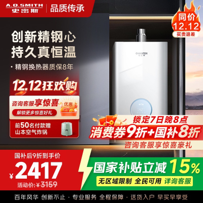AO史密斯佳尼特16升燃气热水器佳尼特 小体积 不锈钢换热器8年包换 恒温大水量 抗风防冻 JSQ31-TCA1