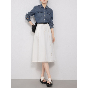 秋夏新款高腰牛仔A字半身裙女白色宽松休闲八分伞裙