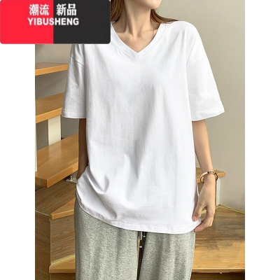 YIBUSHENG白色短袖t恤女v领宽松半袖纯色港味chic上衣大码胖mm显瘦季