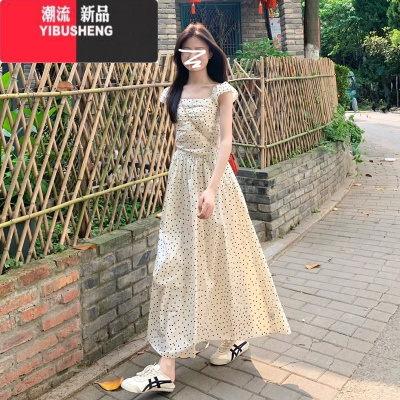 YIBUSHENG茶歇法式小飞袖波点连衣裙子女季2024年新款小众设计感收腰长裙