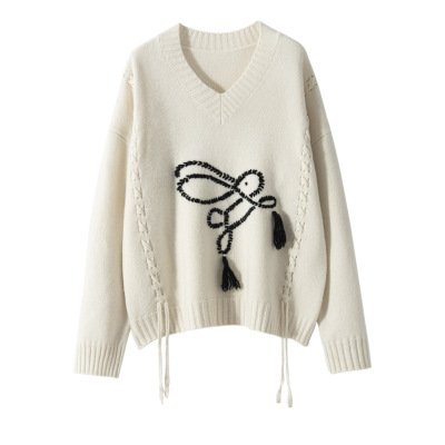 V领手工勾花小兔子复古山羊绒衫女针织打底衫宽松厚款长袖毛衣暖