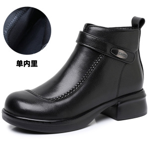 秋冬季新款女式棉靴粗跟软底复古头层软牛皮中跟女靴圆头短靴