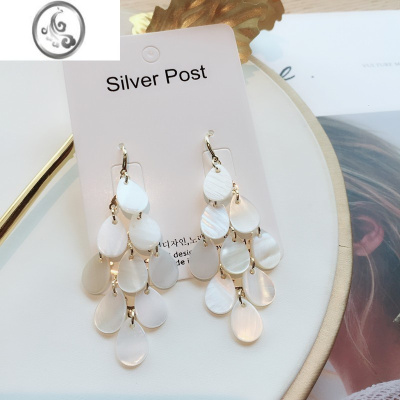 JiMiS925银针手工拼接象牙白色凤尾长款圆环防过敏耳环坠耳钉饰品贝壳