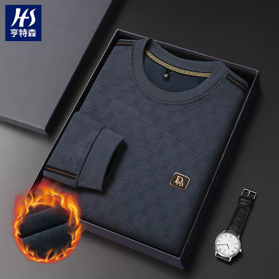 冬季新款加绒男士卫衣圆领套头提花加厚保暖长袖休闲打底衫男