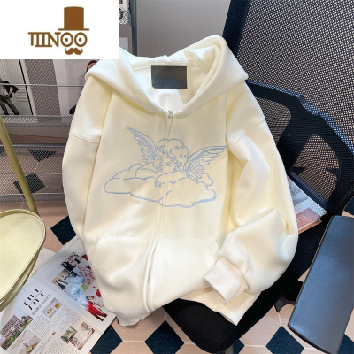 YANXU奶呼呼小众天使刺绣连帽卫衣开衫男女美式慵懒chic港风外套潮