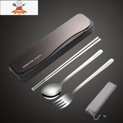 筷子勺子套装餐具盒便携学生单人装三件套不锈钢叉子外带收纳盒 经典黑-本钢色筷勺叉 敬平