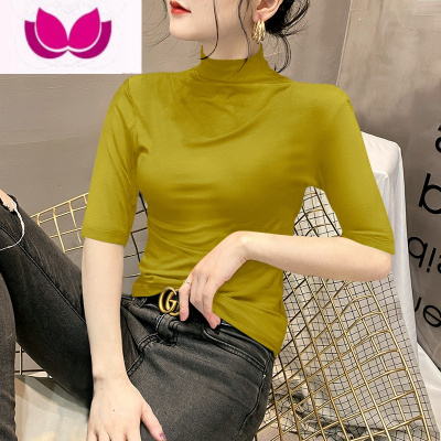 七斓半高领中袖T恤女2023年新款早秋百搭五分袖上衣秋季内搭打底衫潮