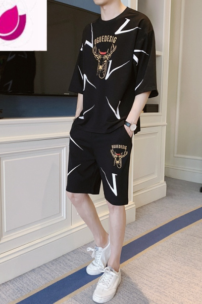 七斓男士短袖t恤夏季宽松休闲运动套装潮牌薄款夏装短裤搭配一套帅气