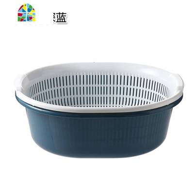 创意双层塑料洗菜篮 家用厨房淘米洗菜盆收纳水果盘 FENGHOU 大号圆形深蓝