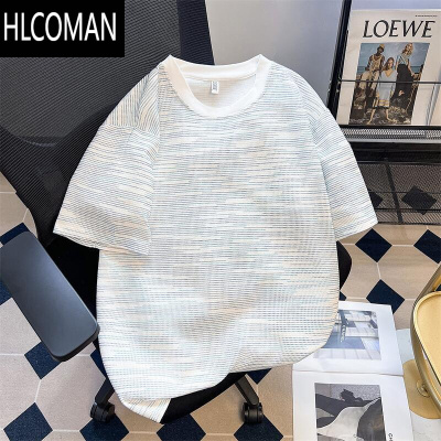 HLCOMAN缎彩华夫格条纹短袖t恤男夏季美式潮流半袖上衣复古宽松情侣体恤