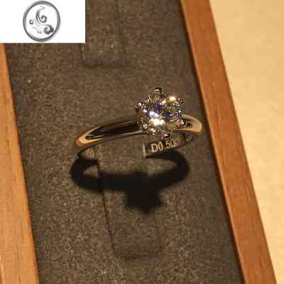 JiMi经典时尚六爪钻戒女仿真50分内刻Pt950银银925戒指结婚订婚求婚戒