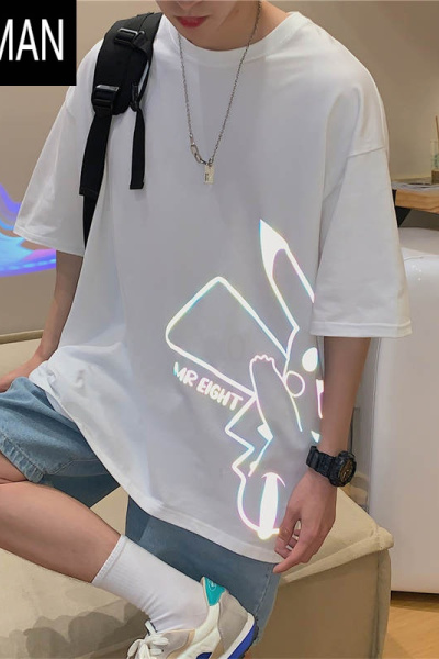 HLCOMAN短袖男潮牌夏季卡通动漫t恤潮流宽松港风五分ins反光印花半袖衣服