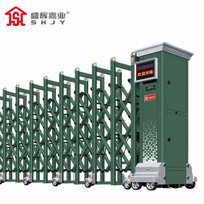 盛辉嘉业 电动伸缩门军绿色防冲击大门平移直线门单位分段收缩推拉工业门定制每米