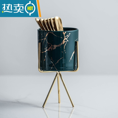 敬平北欧风格轻奢不锈钢水果叉子家用小吃插果叉创意收纳罐水果签套装 金纹(绿)罐一个+三角金架+6根圆圆叉