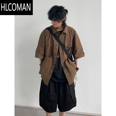 HLCOMAN日系复古咖啡色工装短袖衬衫男女生廓形学生夏季宽松半袖衬衣外套