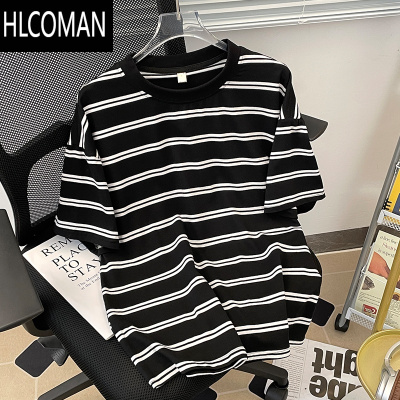 HLCOMAN2025夏季新款黑白条纹短袖t恤男圆领运动休闲潮牌半袖打底衫