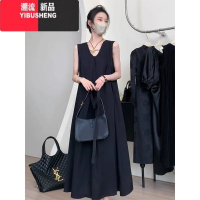 YIBUSHENG胖mm法式黑色v领无袖连衣裙女宽松显瘦遮肚子气质中长款大码裙子