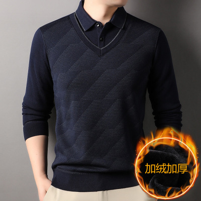 秋冬新款男式加绒T恤翻领宽松简约百搭中年男士假两件加厚打底衫