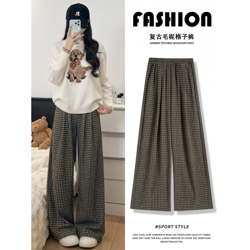 黑灰色格子裤子女新款秋季高腰垂感宽松休闲小个子毛呢阔腿裤