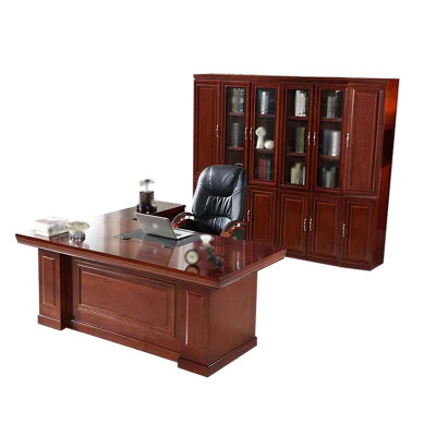 阿拉贡老板桌大班台总裁桌椅组合贴实木皮办公桌简约单人主管经理桌2.4米整套+椅子+六门书柜