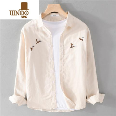 YANXU2023夏季新款小鸟刺绣长袖衬衫男装日系宽松休闲潮流百搭衬衣外套