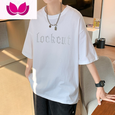 七斓网红短袖t恤男ins超火百搭宽松港风休闲字母烫钻衣服