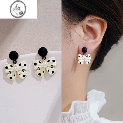 JiMi茶系耳钉特别设计感黑色波点蝴蝶结耳坠复古甜美气质小众耳环新款