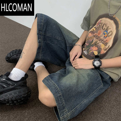 HLCOMAN美式复古水洗牛仔短裤男款夏季潮牌直筒宽松男生阔腿工装五分中裤