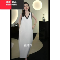 YIBUSHENG白色无袖背心连衣裙高级感V领宽松梨形身材显瘦气质长裙A字裙季