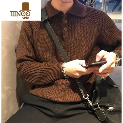 YANXU港风日系翻领长袖针织衫男士2023新款宽松休闲薄款毛衣套头