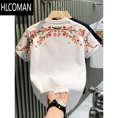 HLCOMAN夏季国潮短袖t恤痞帅男装情侣潮流半截袖上衣服潮牌梅花刺绣体恤