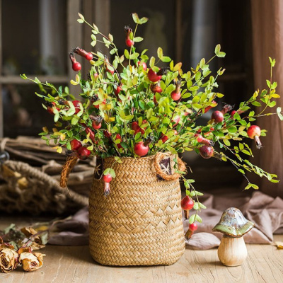 美帮汇编花篮花筒花器花瓶收纳篮筐装饰美式乡村桌面工艺 草编花篮小+小石榴支套装 中