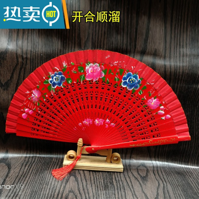 XIANCAI红色跳舞扇子双面图案西班牙木扇舞蹈扇旗袍走秀表演扇结婚庆红扇 大红镂空 粉花