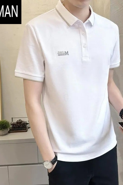 HLCOMAN翻领短袖T恤男士夏装2024新款潮流修身潮牌刺绣衫男半袖上衣