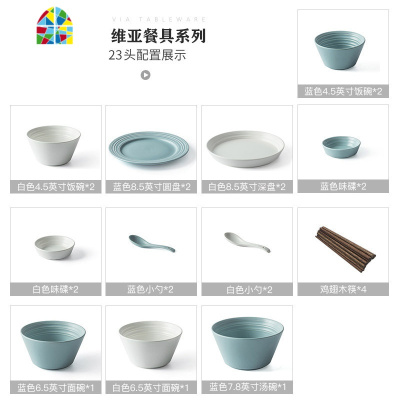 皇龍轩 北欧ins风格碗碟套装家用餐具景德镇陶瓷碗盘子组合网红 FENGHOU 纳维亚35件蓝粉套装