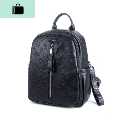 压花PU双肩包2020年新款时尚纯色百搭背包休闲韩版潮流学生书包NEW LAKE 黑色