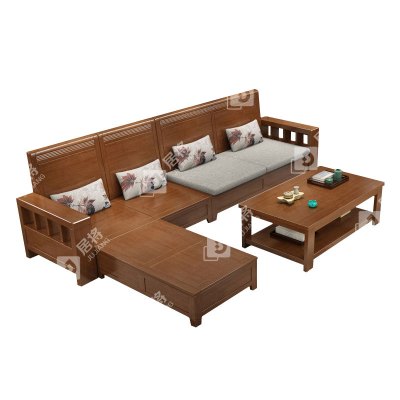居将 JJ4031208 实木沙发茶几组合简约冬夏两用客厅沙发 四人贵妃位含茶几