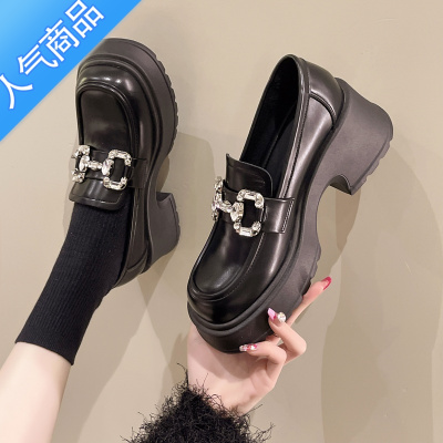 SUNTEK乐福鞋女2023年春季新款时尚水钻一脚蹬高跟厚底显瘦英伦风小皮鞋