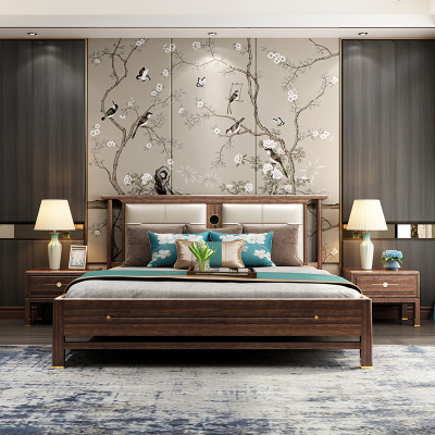 新中式实木双人床现代简约1.8m主卧婚床靠背软包别墅轻奢家具定制