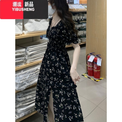 YIBUSHENG大码女装装新款胖妹妹气质碎花长裙减龄显瘦法式雪纺开叉连衣裙