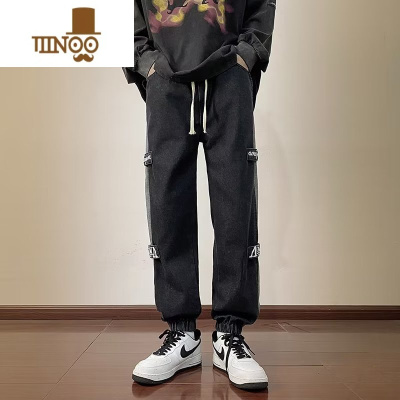 YANXU春季牛仔裤男生休闲宽松哈伦束脚裤日系潮牌印花痞帅学生工装裤子