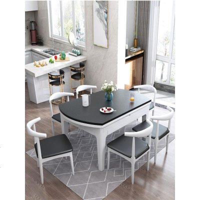 火烧石全实木餐桌椅组合可伸缩现代简约轻奢黑白色家用大理圆餐桌