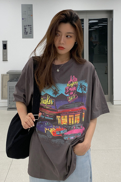 复古印花夏季宽松短袖T恤女早春韩版大码打底衫上衣女装