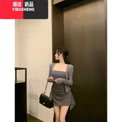 YIBUSHENG纯欲风紫色无袖抹胸连衣裙女季褶皱修身短裙不规则收腰a字裙子