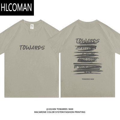 HLCOMAN朝南工作室 潮牌复古字母印花正肩t恤男女宽松情侣款短袖体恤