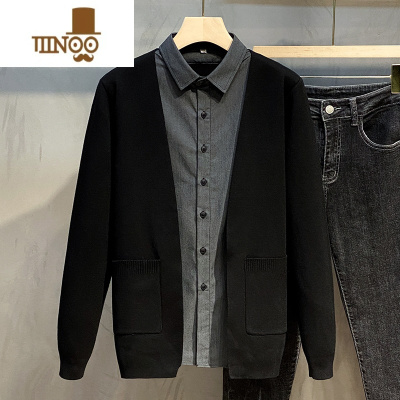 YANXU2023新款男士假 针织衫开衫衬衫领毛衣外套套韩版潮