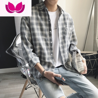 七斓格子衬衫男长袖衬衣宽松韩版潮流寸衫秋季帅气港风日系痞帅ins
