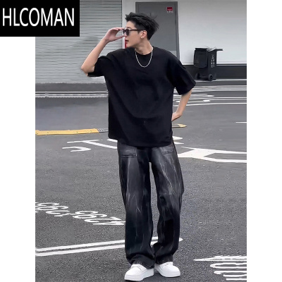 HLCOMAN黑色t恤男夏季潮牌cleanfit短袖美式高街内搭小领口半袖